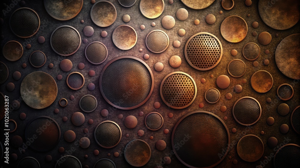 Aufkleber Abstract pattern of metallic circles with textured surfaces, arranged in a random yet visually pleasing composition, creating a sense of depth and dimension.