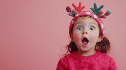 Portrait of a surprised little girl with reindeer headband on a pink background with copy space