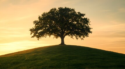 Obraz premium A lone tree on the horizon against an orange and blue sky at sunset, standing tall in green grassy hills with distant mountains.