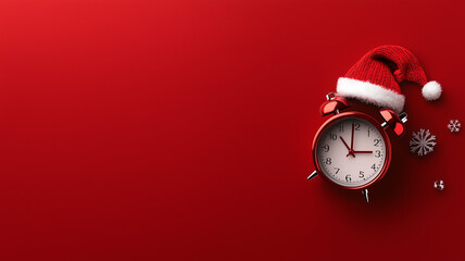 Christmas shopping concept, clock with Christmas hat telling time, red space with copy space