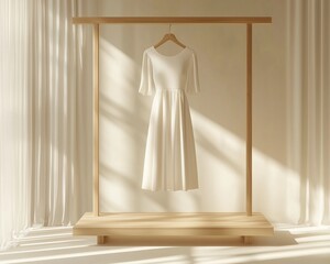 A minimalist white dress hanging elegantly against soft, natural light, perfect for fashion and design inspiration.