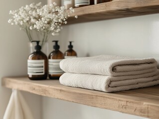 Organic cotton towels neatly folded on a wooden bathroom shelf featuring delicate flowers.