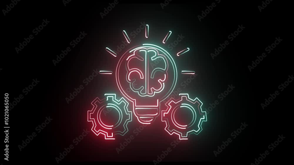 Poster light bulb and setting neon icon in cyan and pink color. elements of idea set. simple icon for websi