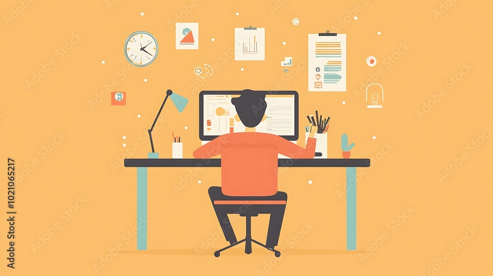 Poster a person sitting at a desk working on a computer with a yellow background