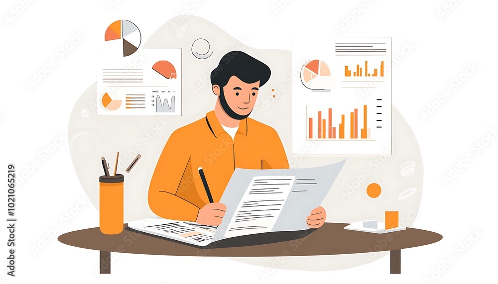 Poster man analyzing data and writing on a document