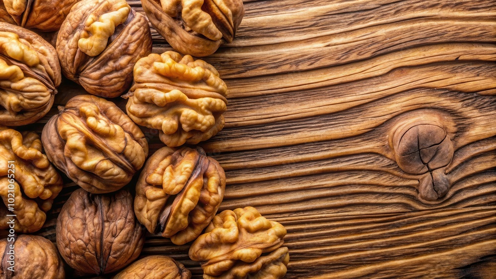 Poster Close-up View of Walnut Shells on a Rustic Wooden Surface