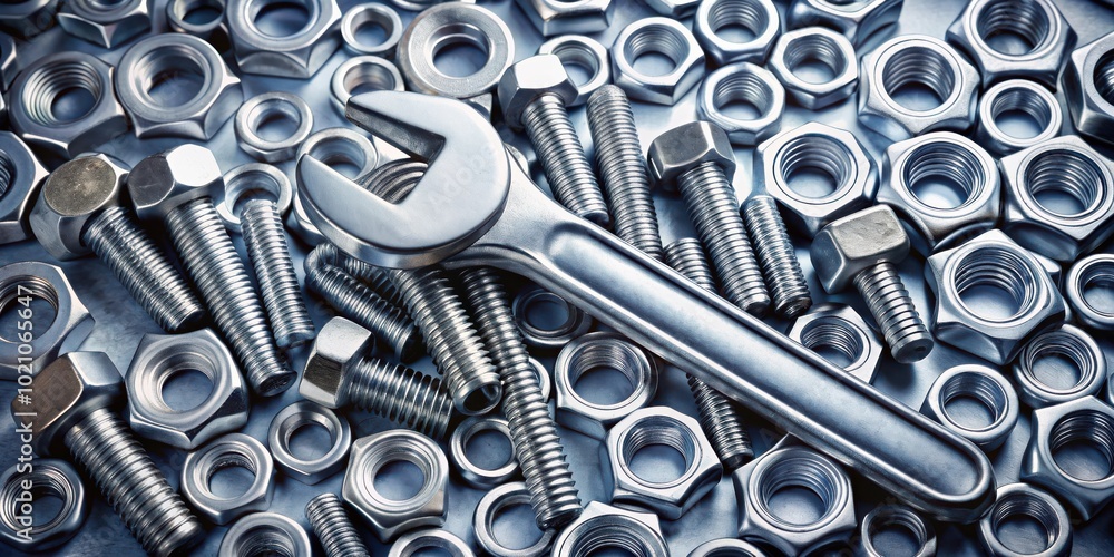 Poster A gleaming wrench lies atop a scattering of bolts and nuts, each piece reflecting the light, symbolizing the power of precision and craftsmanship.