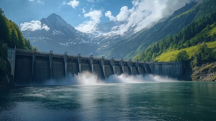 Fototapeta premium A hydroelectric dam set against a mountain range, water flowing powerfully through turbines, generating electricity in harmony with nature