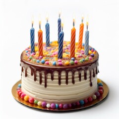 A birthday cake adorned with lit candles, each with a small flame, adding warmth and celebration to the scene white background