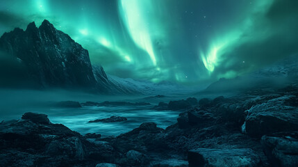 Scenic Landscape of Aurora Over Rocky Seashore in Norway: A breathtaking scene of the aurora borealis lighting up the rocky seashore in Norway, creating a dramatic and otherworldly 