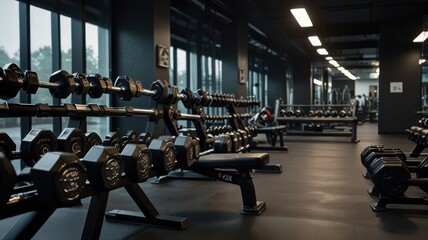 A modern gym interior with rows of dumbbells and a weight bench in the foreground. The gym is spacious and well-lit with large windows and a sleek black and grey color scheme.