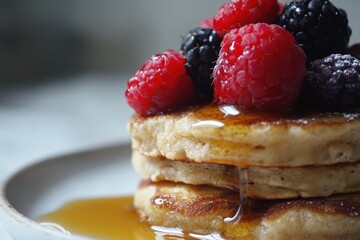 Delicious stack of pancakes topped with fresh berries and drizzled with syrup.
