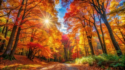 Fototapeta premium Golden Sunlight Bathes a Forest Path in Autumn Colors