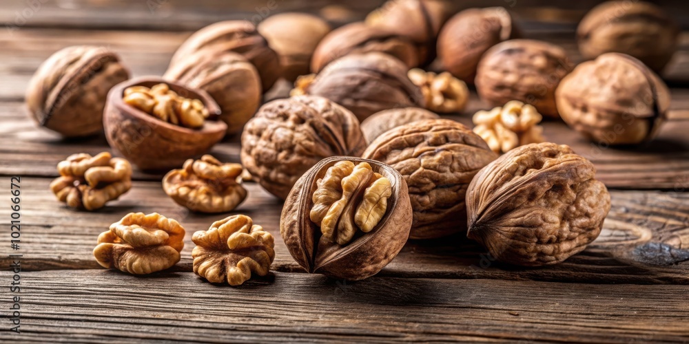 Poster a close-up image of walnuts scattered on a rustic wooden surface, showcasing the natural beauty and 