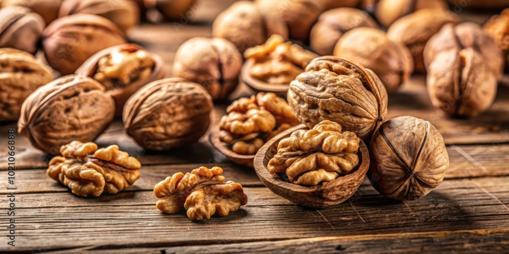 Poster A Close-Up View of Whole and Broken Walnuts Scattered on a Rustic Wooden Surface