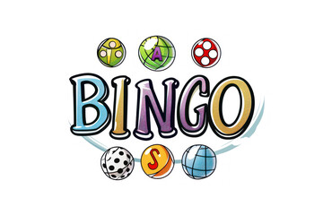Colorful bingo balls and text illustration with playful elements. National Bingo Day, Bingo Month