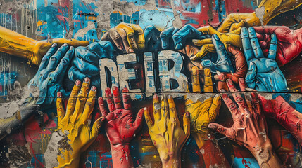 A visually striking poster showcasing diverse hands coming together to form the letters "DEIB," with vibrant colors and inspirational quotes about equity and inclusion in the background.