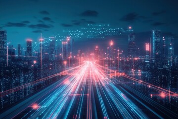 Fototapeta premium Futuristische Stadt Skyline Cyberpunk Nachtansicht Smart City Konzept Moderne Fahrzeuge Vernetzte Infrastruktur Drohnenverkehr Hightech Verkehrswege Beleuchtete Stadt Digitales Stadtbild Zukunftstechn