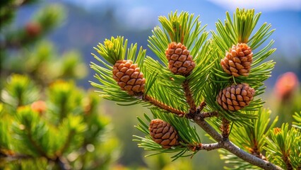 Fototapeta premium Close-up of pine tree branch with multiple pine cones, showcasing the intricate detail of the needles and the delicate texture of the cones.