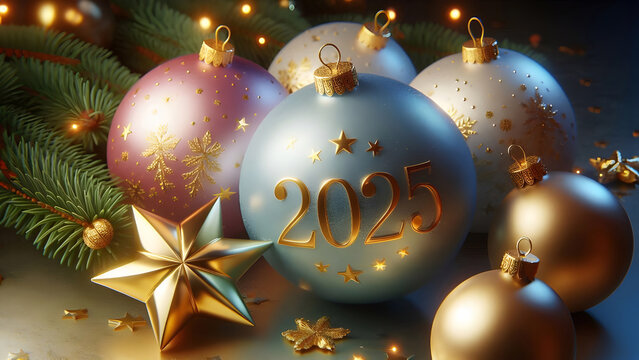 Anno nuovo 2025. Capodanno 2025. Decorazione, palle di Natale con il nuovo anno scritto in cifre: 2025..