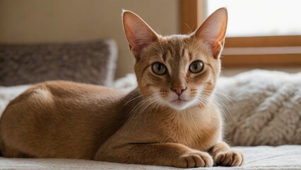 Fawn abyssinian cat laying on the floor indoor