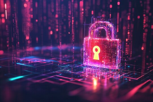 Digitales Sicherheitskonzept Leuchtendes Schloss Cybersicherheit Datenverschl&uuml;sselung Datenschutz Netzwerkschutz IT-Sicherheit Technologische Verteidigung Modernes Sicherheitssystem Digitale Sicherhei