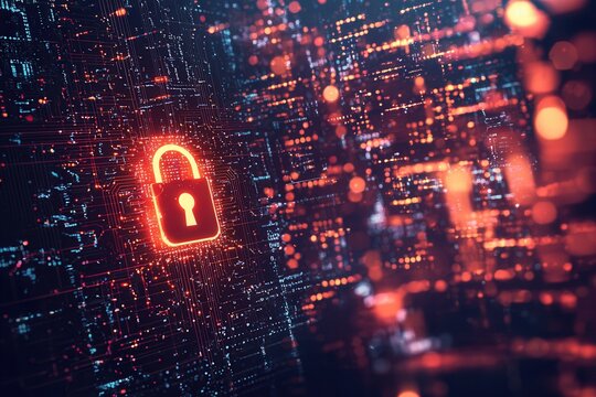 Digitales Sicherheitskonzept Leuchtendes Schloss Cybersicherheit Datenverschl&uuml;sselung Datenschutz Netzwerkschutz IT-Sicherheit Technologische Verteidigung Modernes Sicherheitssystem Digitale Sicherhei