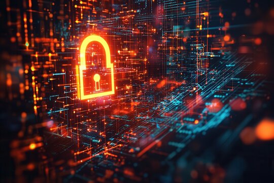 Digitales Sicherheitskonzept Leuchtendes Schloss Cybersicherheit Datenverschl&uuml;sselung Datenschutz Netzwerkschutz IT-Sicherheit Technologische Verteidigung Modernes Sicherheitssystem Digitale Sicherhei