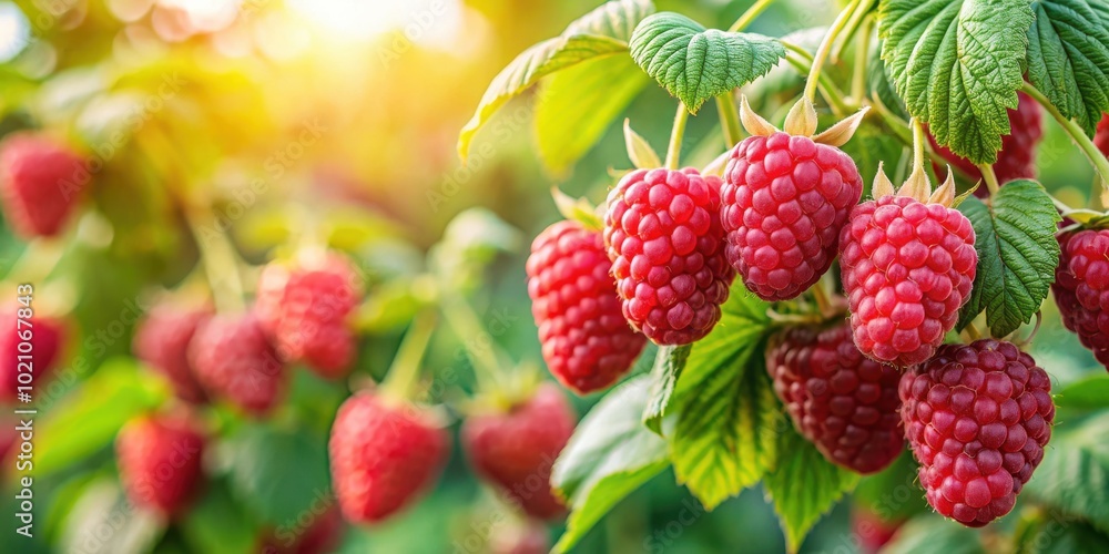 Aufkleber close-up of ripe raspberries on a branch with lush green leaves and a blurred background of more ber