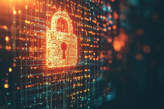 Digitales Sicherheitskonzept Leuchtendes Schloss Cybersicherheit Datenverschl&uuml;sselung Datenschutz Netzwerkschutz IT-Sicherheit Technologische Verteidigung Modernes Sicherheitssystem Digitale Sicherhei