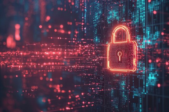 Digitales Sicherheitskonzept Leuchtendes Schloss Cybersicherheit Datenverschl&uuml;sselung Datenschutz Netzwerkschutz IT-Sicherheit Technologische Verteidigung Modernes Sicherheitssystem Digitale Sicherhei