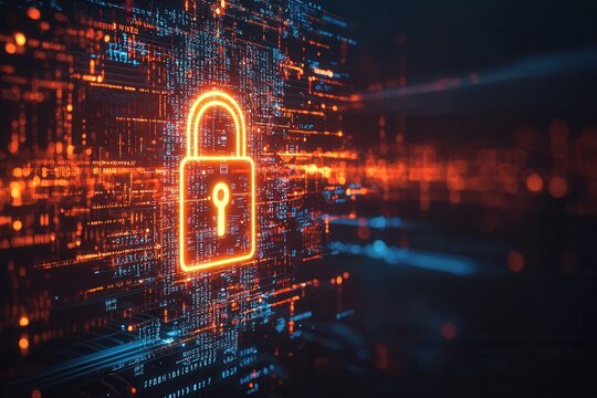 Digitales Sicherheitskonzept Leuchtendes Schloss Cybersicherheit Datenverschl&uuml;sselung Datenschutz Netzwerkschutz IT-Sicherheit Technologische Verteidigung Modernes Sicherheitssystem Digitale Sicherhei