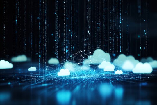 Cloud Computing Konzept Digitale Vernetzung Abstrakte Darstellung Leuchtende Wolken Netzwerkverbindungen Datenspeicherung Digitalisierung Moderne Technologie IT-Infrastruktur Daten&uuml;bertragung Technolo