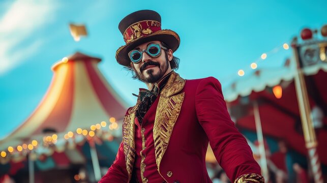 A charming ringmaster in a vibrant costume and unique glasses stands confidently in front of a circus tent under a blue sky.
