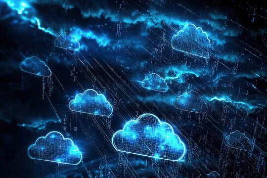 Cloud Computing Konzept Digitale Vernetzung Abstrakte Darstellung Leuchtende Wolken Netzwerkverbindungen Datenspeicherung Digitalisierung Moderne Technologie IT-Infrastruktur Daten&uuml;bertragung Technolo