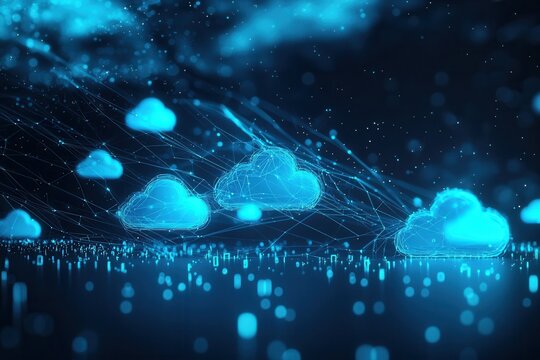 Cloud Computing Konzept Digitale Vernetzung Abstrakte Darstellung Leuchtende Wolken Netzwerkverbindungen Datenspeicherung Digitalisierung Moderne Technologie IT-Infrastruktur Daten&uuml;bertragung Technolo