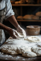 Fototapeta premium A baker spreading flour on a wooden surface, preparing dough for baking in a cozy bakery.