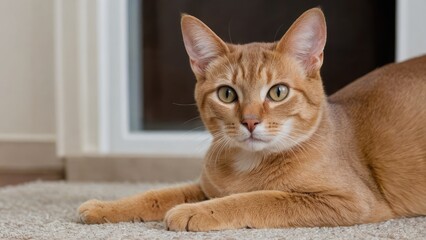 Fawn abyssinian cat laying on the floor indoor