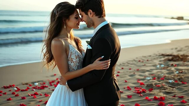 A beachside wedding with the couple embracing by the ocean, waves gently crashing in the background, and rose petals scattered on the sand and grass mix near the shore