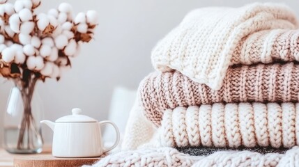 A cozy living room showcases a white sofa draped with a knitted blanket, accompanied by a teapot and cup on a wooden table, creating a serene, inviting space