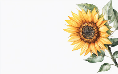 Obraz premium Vibrant sunflower with green leaves on a white isolated background.