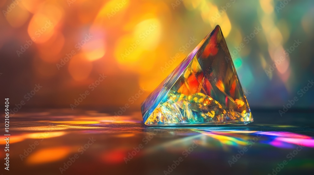 Poster a crystal glass prism refracting sunlight into a spectrum of vibrant colors on a smooth surface, cre