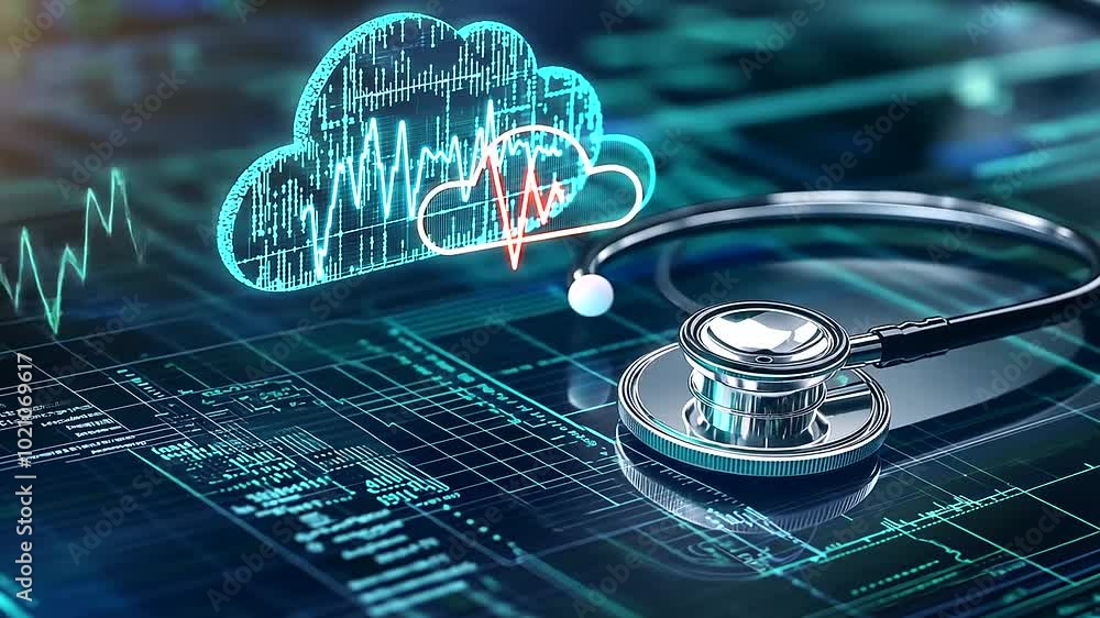 Aufkleber a sleek stethoscope intertwined with a glowing digital cloud, with a dynamic heartbeat graph floatin