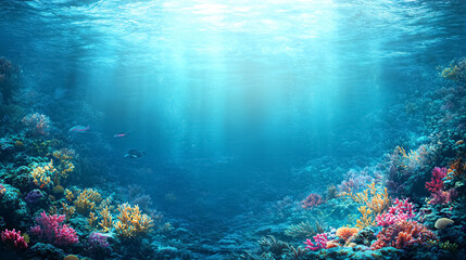 Fototapeta premium Sea Deep or Ocean Underwater with Coral Reef as a Background: A view of the deep sea or underwater ocean featuring a vibrant coral reef, ideal for marine-themed backgrounds.