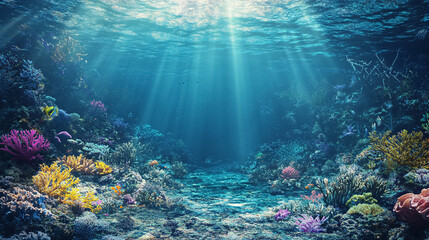 Fototapeta premium Sea Deep or Ocean Underwater with Coral Reef as a Background: A view of the deep sea or underwater ocean featuring a vibrant coral reef, ideal for marine-themed backgrounds.