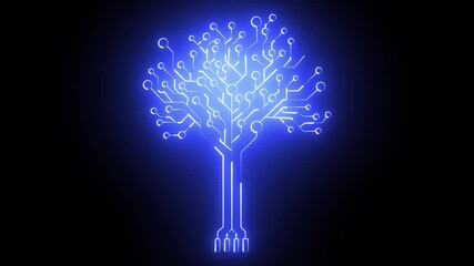 Circuit tree on black background in blue color. Science and technology concept. 