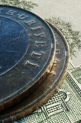 Turkish lira coins and us dollar paper bill. Lira to dollar exchange rate concept. 3d rendering illustration.