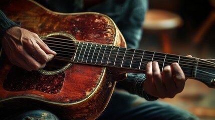 Obraz premium Vintage Acoustic Guitar Close-Up of Hands Tuning