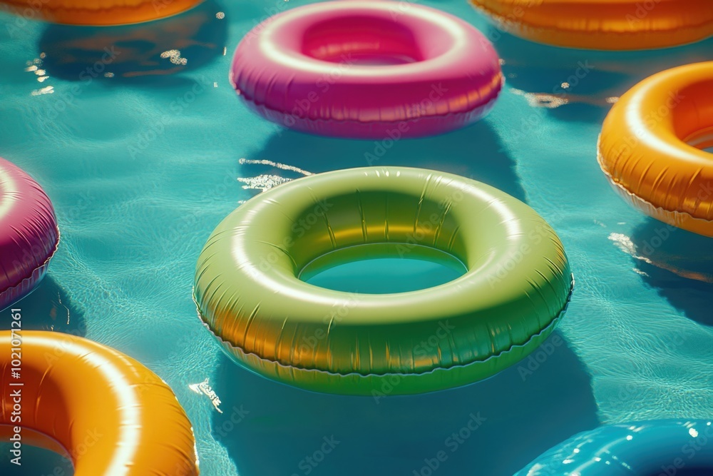 Poster A vibrant and playful scene featuring multiple colorful inflatable pool toys