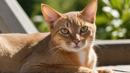 Fawn abyssinian cat lying outside in the garden